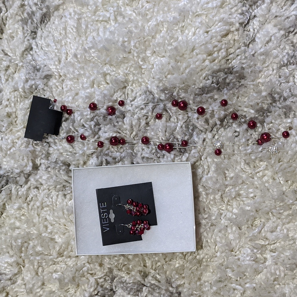 Red and Silver necklace and earrings set